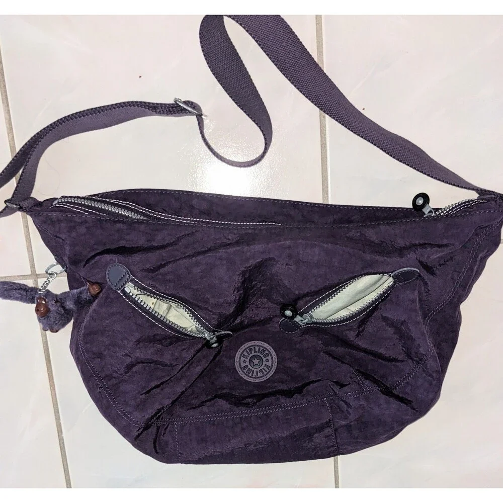 Kipling Farrah Purple Nylon Large Shoulder Bag Crossbody Hobo Slouched Handbag